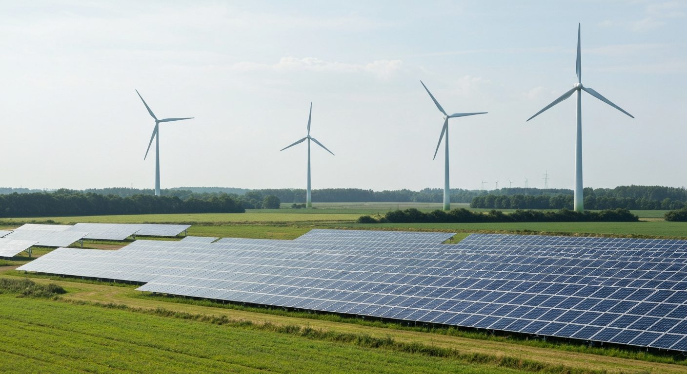 Panneaux solaires et éoliennes dans un paysage